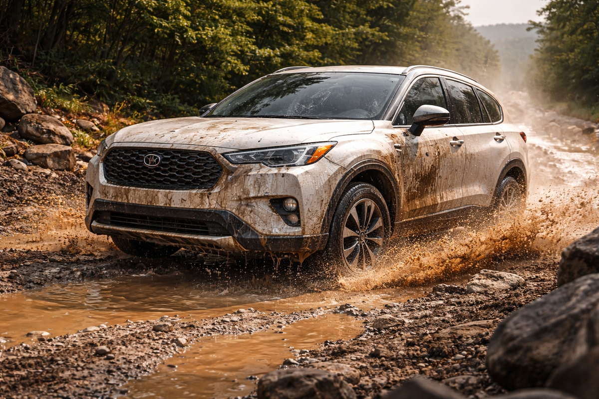 Dirty SUV driving through a muddy and rocky rough road with water splashes, highlighting challenging terrain and real-world driving conditions