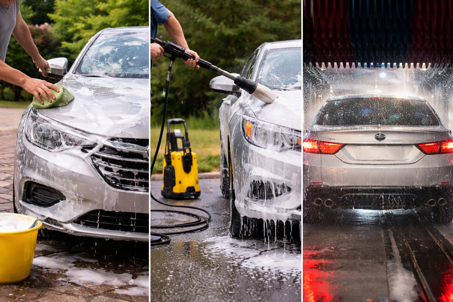 Comparison of car cleaning methods showing home washing, pressure washer use, and professional car wash service in different scenarios