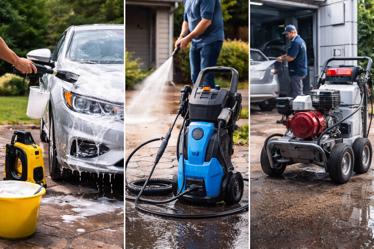 Different types of pressure washers used for car cleaning, home cleaning, and commercial applications in various outdoor settings