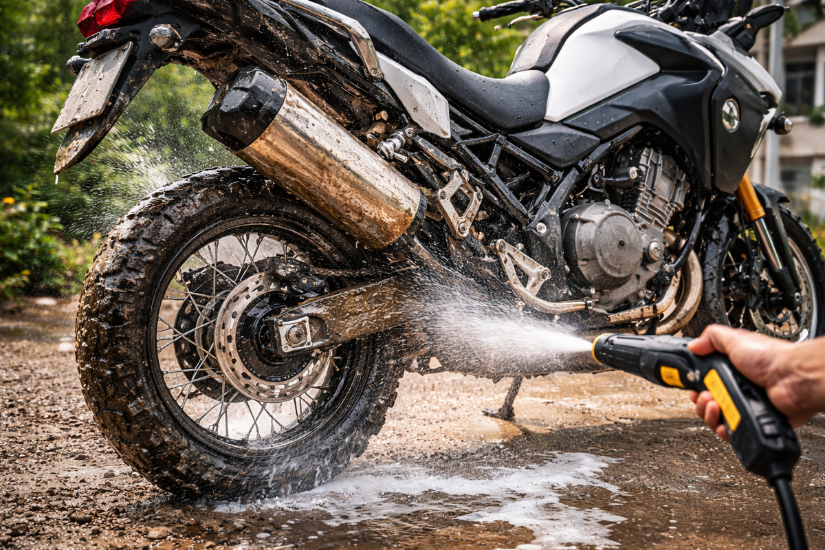 Motorcycle being cleaned with a pressure washer, focusing on muddy wheels, chain, and engine area in an outdoor setting