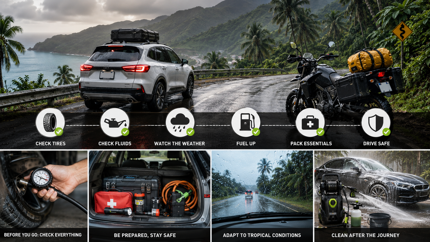 Car and motorcycle prepared for tropical road travel in Southeast Asia, featuring rainy weather driving, travel gear, vehicle cleaning tools, and humid climate road conditions