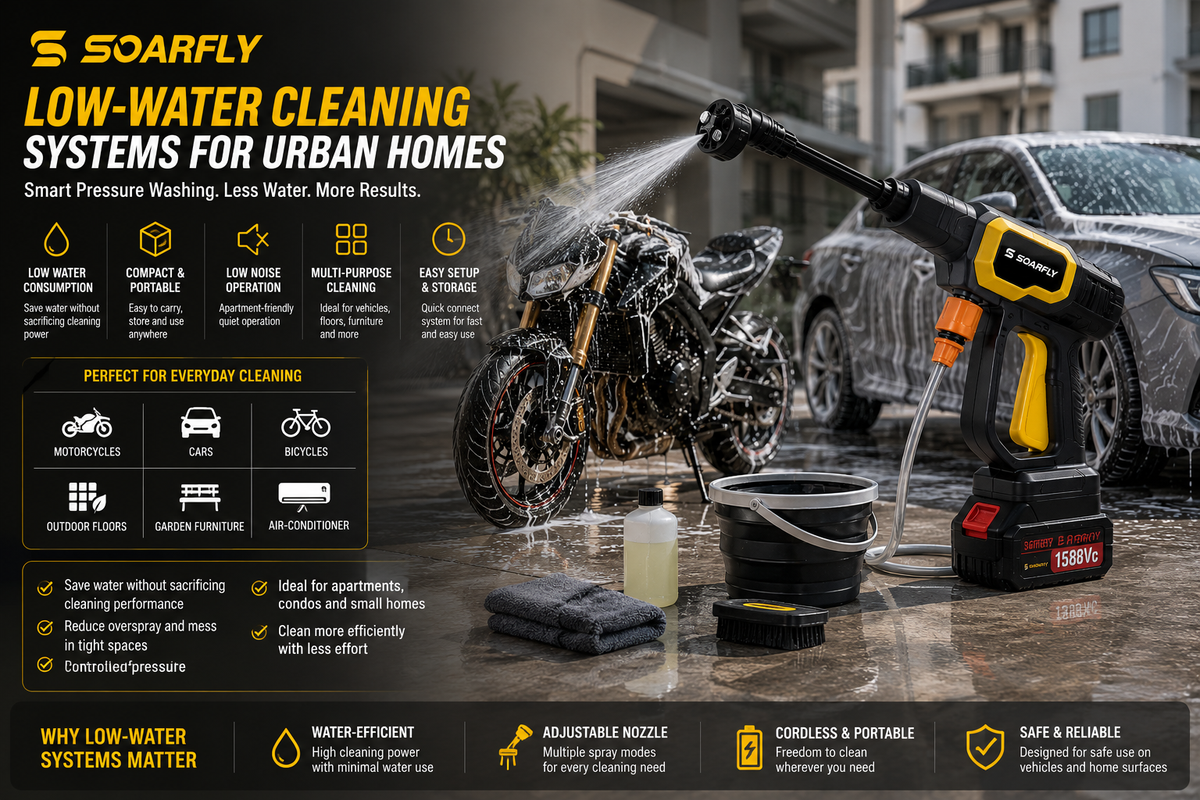Compact low-water pressure washer setup for urban homes with motorcycle and car cleaning tools in a small apartment-friendly outdoor space