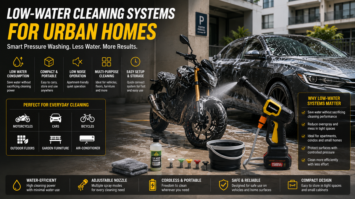 Compact low-water pressure washer cleaning a motorcycle and car in a modern urban apartment parking area with portable cleaning tools and minimal water usage