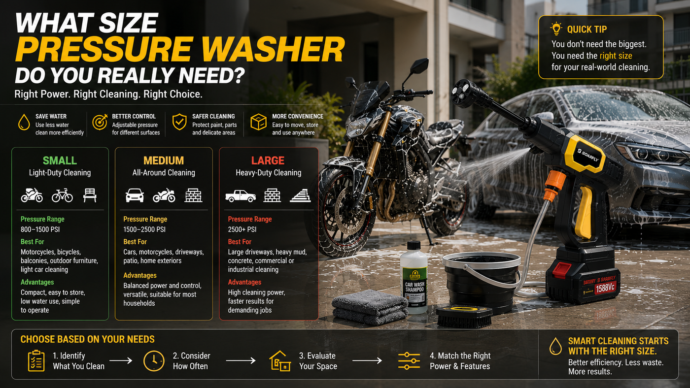 Different sizes of pressure washers compared for motorcycle and car cleaning in a modern urban home environment with compact outdoor washing setup