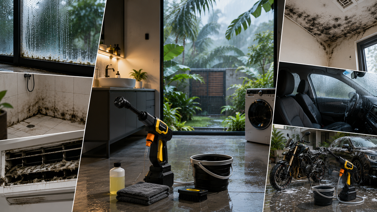 Modern tropical home and vehicle cleaning scene showing mold prevention, humidity control, low-water cleaning tools, and ventilation-focused maintenance in a humid environment