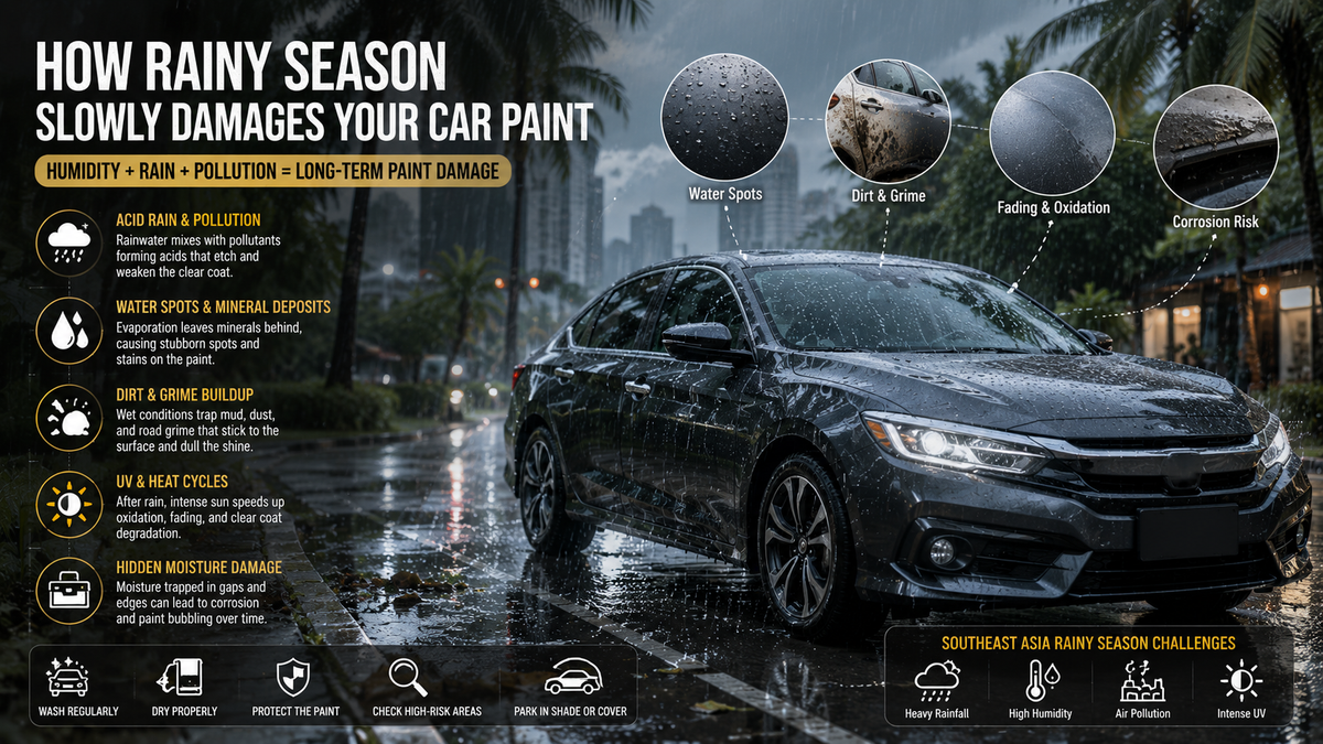 Car parked in rainy tropical urban environment with visible water droplets, wet road reflections, moisture buildup, and vehicle paint protection maintenance concept during rainy season