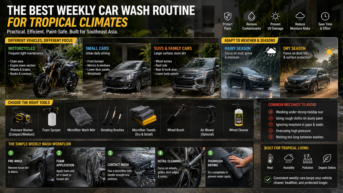 Weekly tropical car wash routine infographic featuring motorcycles, sedans, SUVs, rainy and dry season cleaning methods, pressure washer tools, microfiber towels, and Southeast Asia vehicle maintenance workflow in humid environments