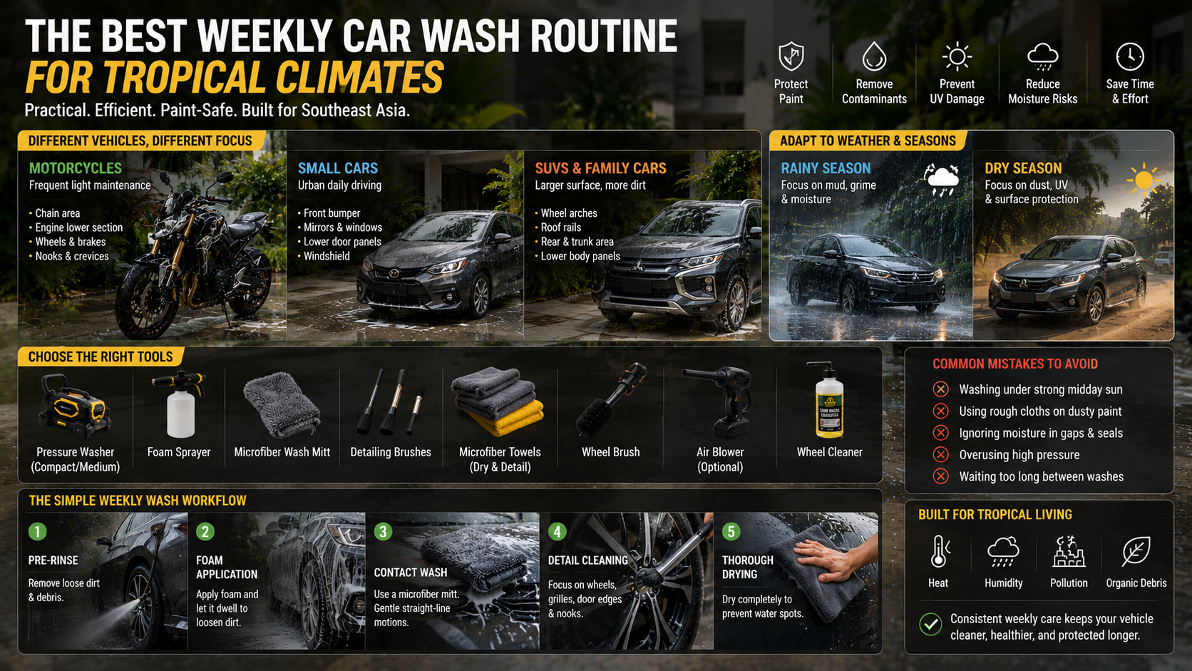 Weekly tropical car wash routine infographic featuring motorcycles, sedans, SUVs, rainy and dry season cleaning methods, pressure washer tools, microfiber towels, and Southeast Asia vehicle maintenance workflow in humid environments