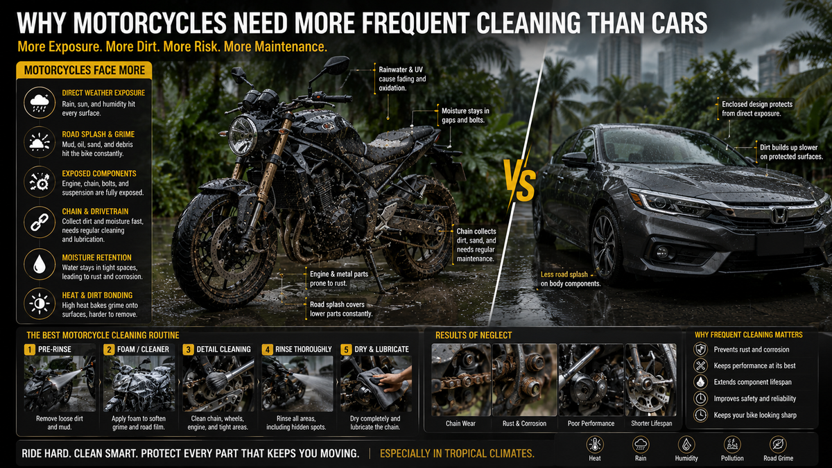 Motorcycle parked beside a car in a humid tropical Southeast Asia environment showing exposed motorcycle components covered with rainwater, mud splash, and road grime compared to cleaner enclosed car surfaces during rainy season maintenance scene