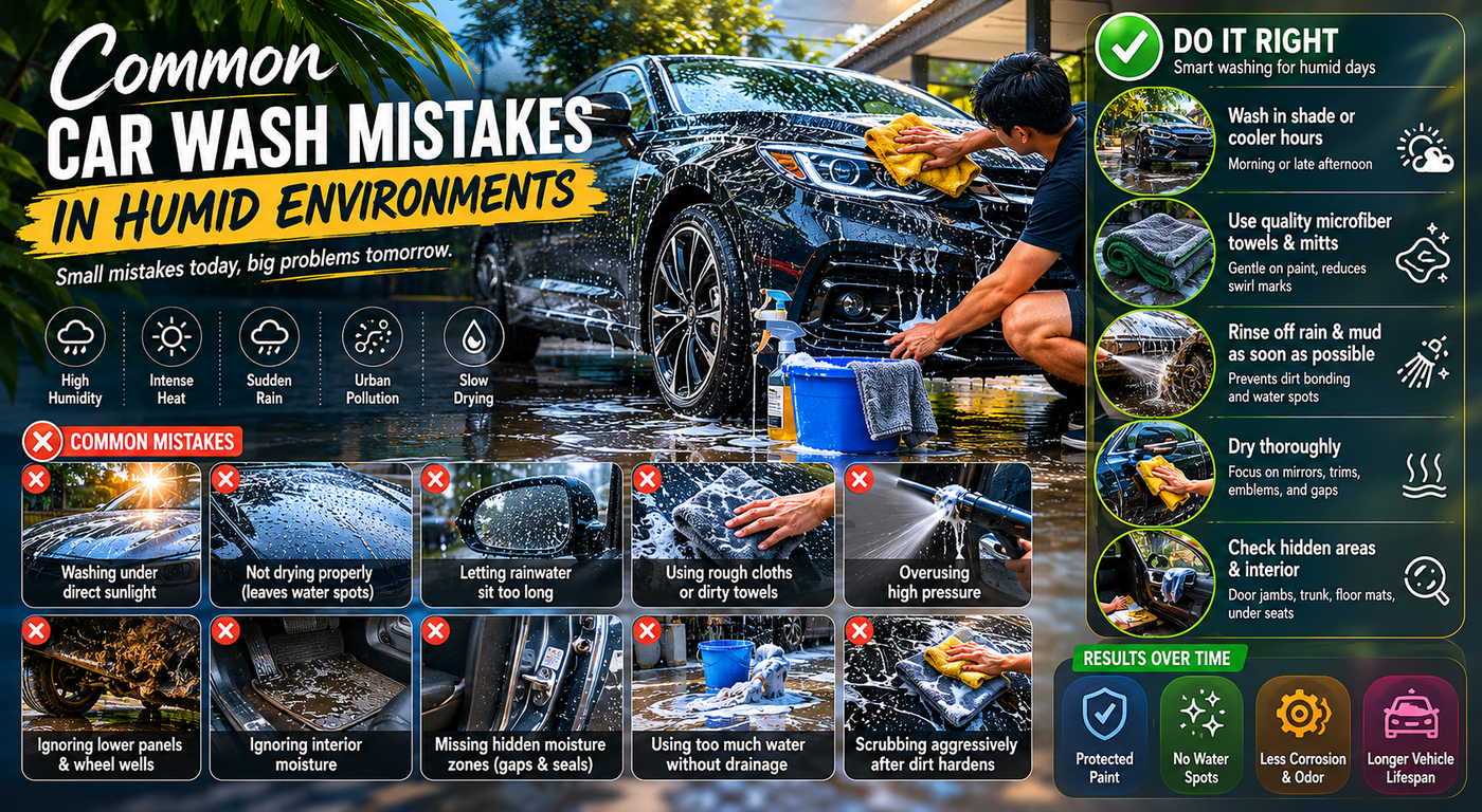 Car being washed in a humid tropical environment with visible water spots, moisture buildup, microfiber drying process, rainy weather conditions, and Southeast Asia urban vehicle maintenance scene