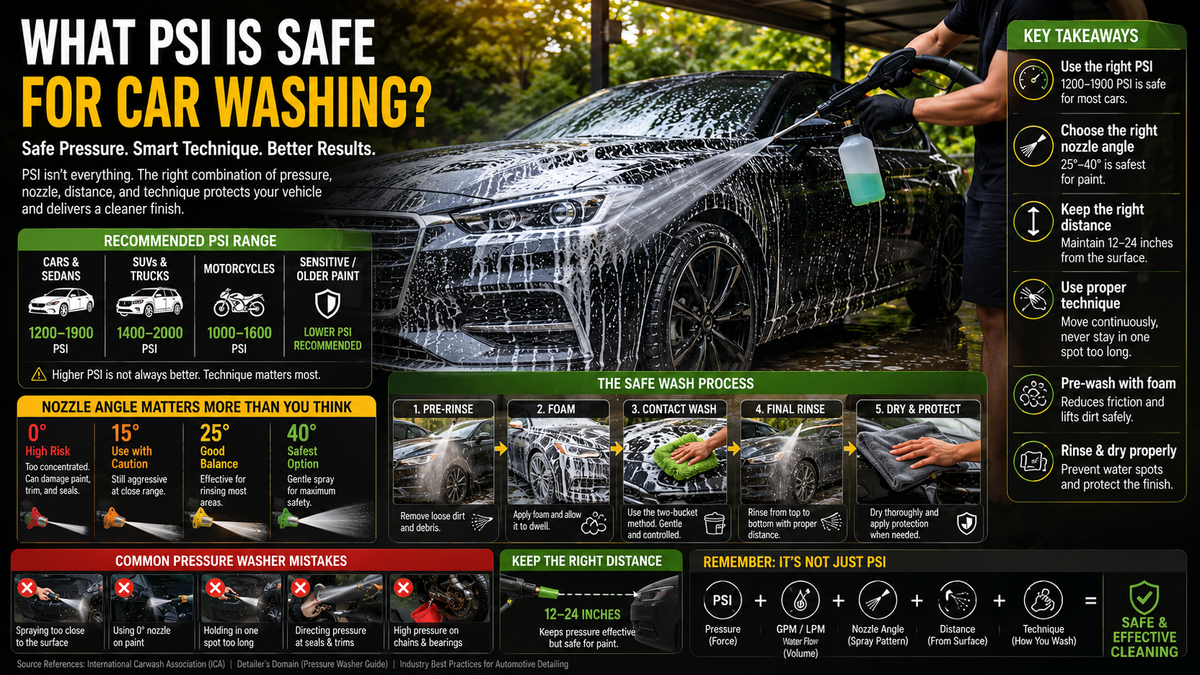Professional car washing setup using safe pressure washer PSI levels with foam pre-rinse, wide spray nozzle, microfiber drying towels, and tropical humid environment vehicle cleaning scene featuring cars and motorcycles without visible brand logos