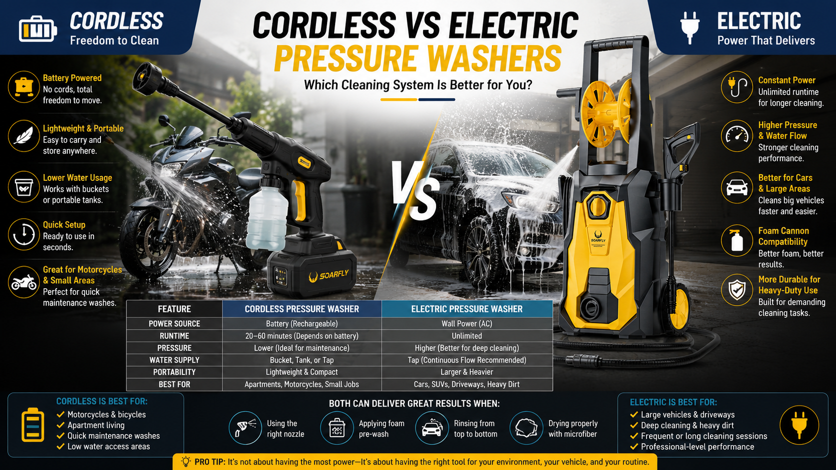 Modern comparison scene between cordless and electric pressure washers cleaning motorcycles and cars in a tropical urban home environment with compact storage, foam washing setup, and humid Southeast Asia atmosphere without visible vehicle brand logos