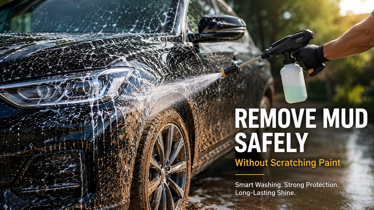 Vehicle covered in tropical mud being safely cleaned with foam pre-wash, microfiber wash mitts, and controlled pressure rinsing in a humid Southeast Asia environment, highlighting automotive paint protection and scratch-free