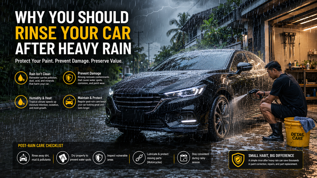 Black vehicle covered with tropical rainwater and road grime being gently rinsed in a humid Southeast Asia environment during rainy season, showing reflections on wet paint,