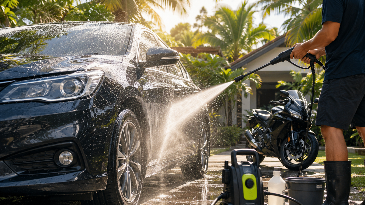 Car and motorcycle being washed with a pressure washer in a tropical outdoor setting, demonstrating efficient and frequent vehicle cleaning in the Philippines