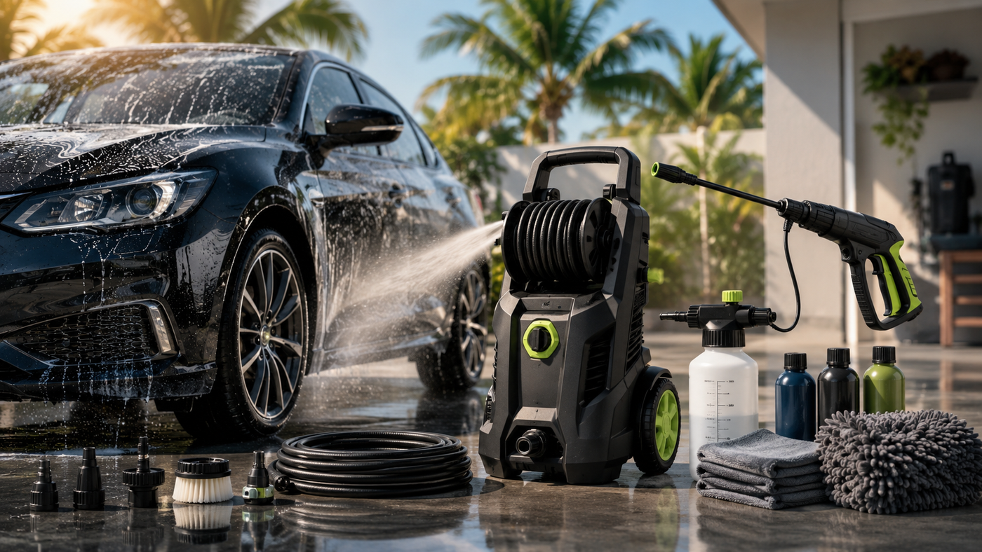 Modern home car washing setup with compact pressure washer, foam cannon, microfiber towels, and a freshly cleaned car in a tropical outdoor environment