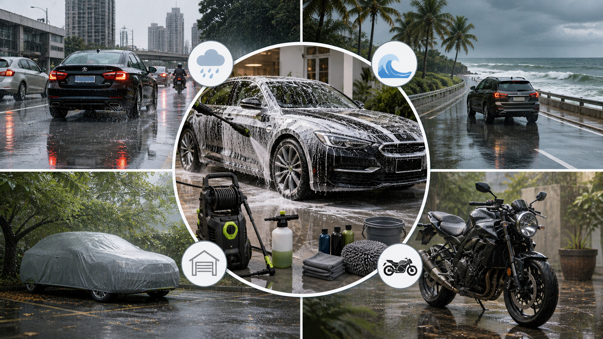 Car being washed with a pressure washer in a tropical rainy-season home environment, showing foam cleaning, wet pavement, and paint-safe maintenance tools
