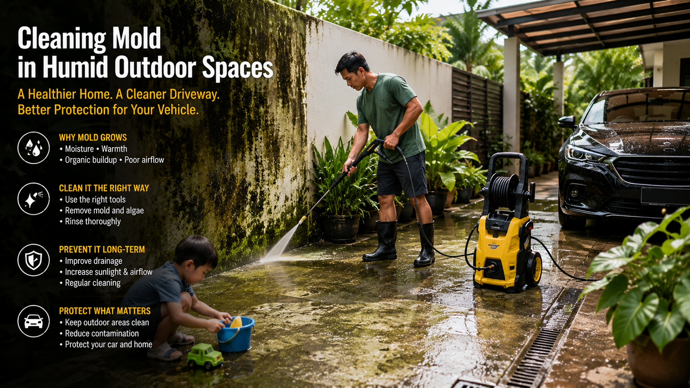 Humid tropical home driveway with visible mold and algae buildup being cleaned using outdoor maintenance tools, featuring a clean vehicle parking area, improved drainage