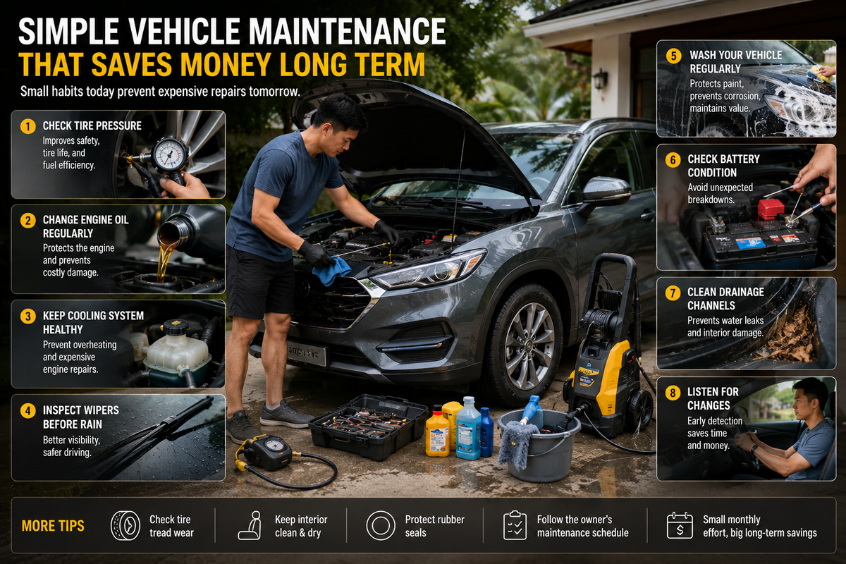 Practical family vehicle maintenance scene at home showing a car owner performing routine inspections, tire pressure checks, battery maintenance, and vehicle cleaning in a clean residential driveway, emphasizing preventive maintenance