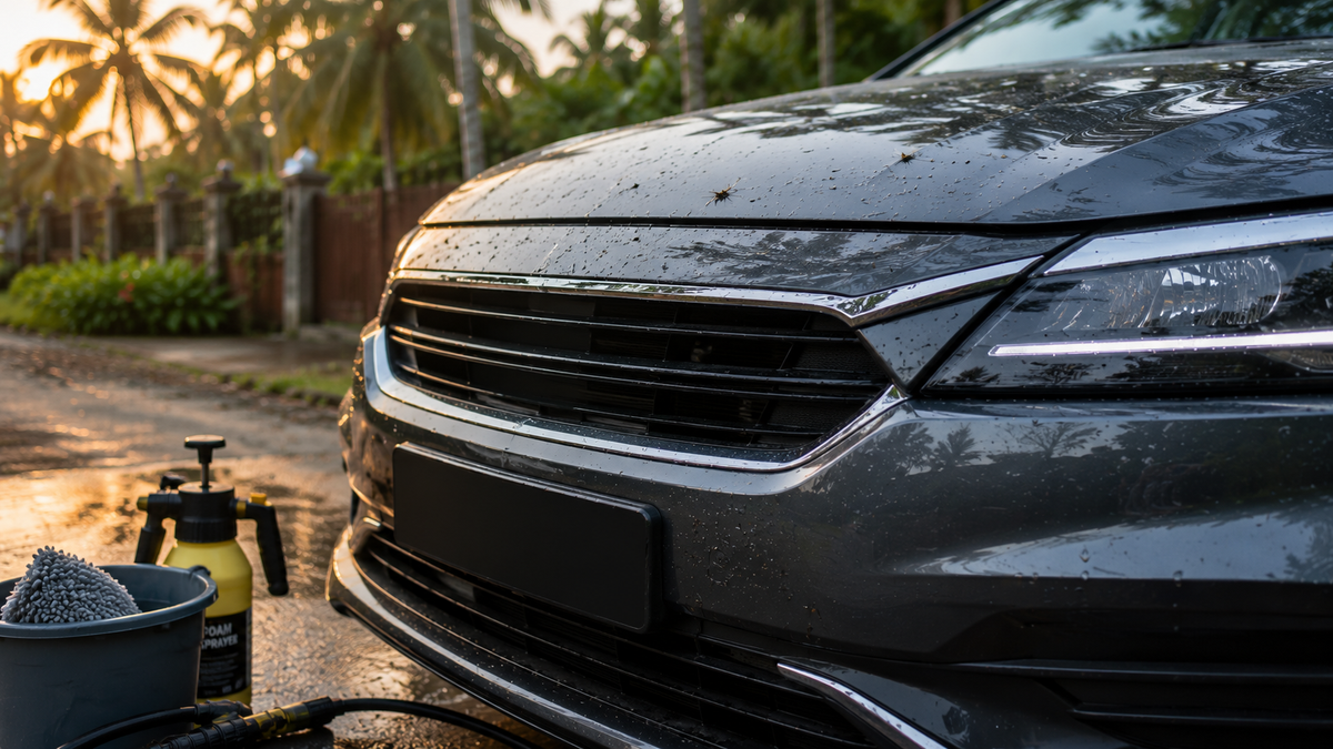 Close-up view of a dark vehicle front bumper and grille in a humid Southeast Asian environment showing bug splatter and insect residue, with gentle rinsing and microfiber cleaning tools nearby