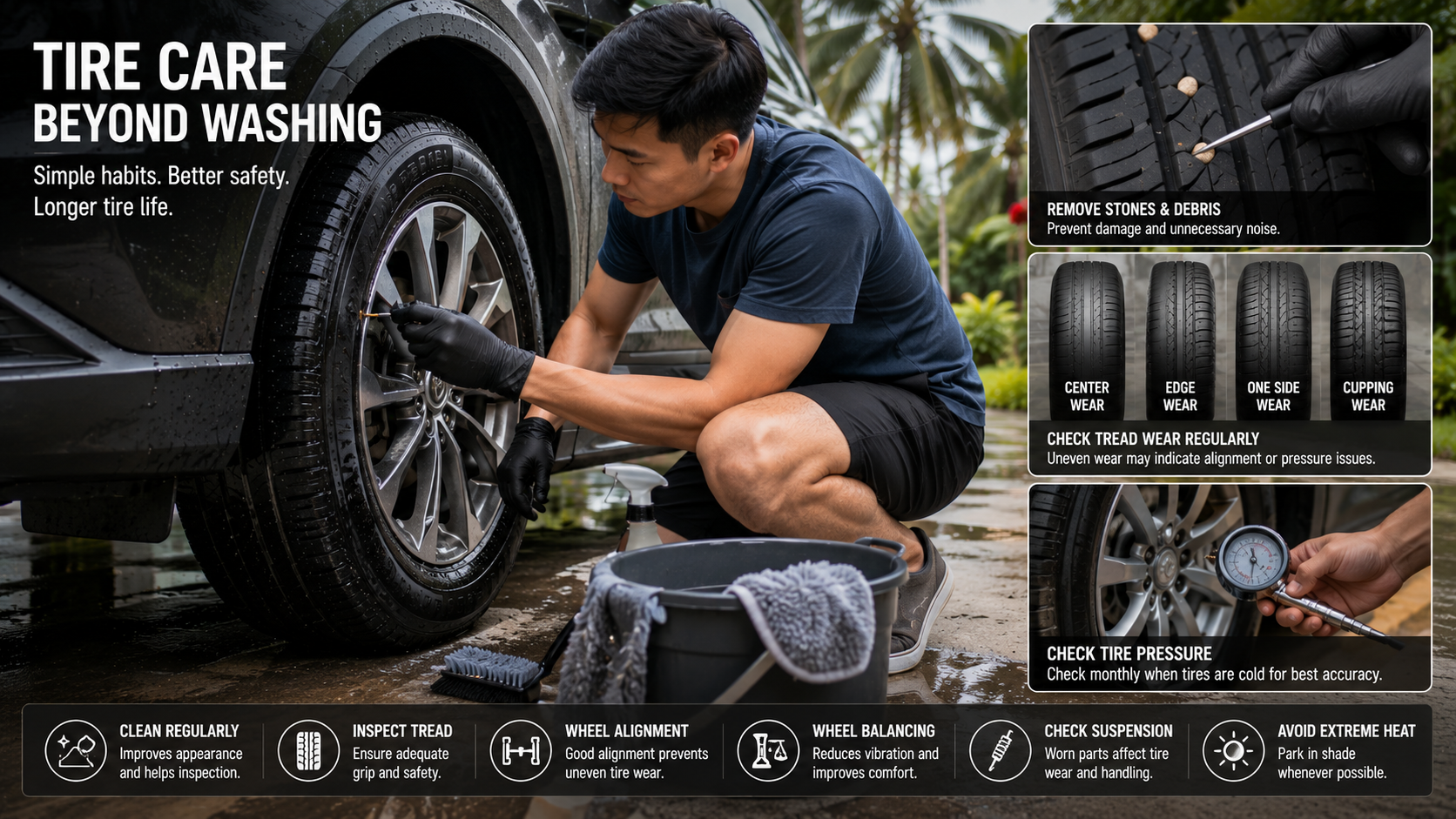 Close-up view of a well-maintained vehicle tire and wheel being cleaned in a residential driveway, showing tread inspection, removal of small stones from tire grooves, clean wheel wells