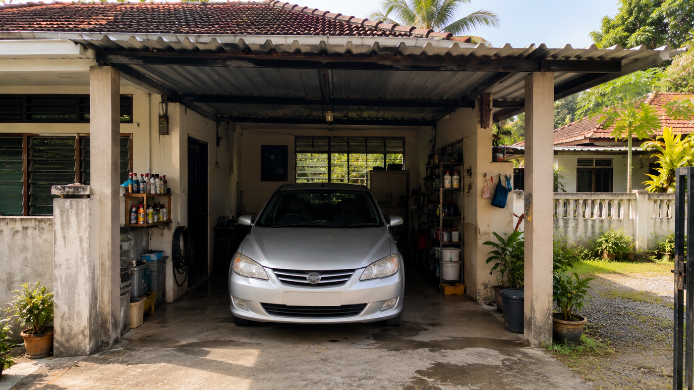 Practical Southeast Asian family home with a simple covered garage or carport, featuring a parked family sedan, organized household storage shelves, vehicle cleaning supplies, tropical plants,