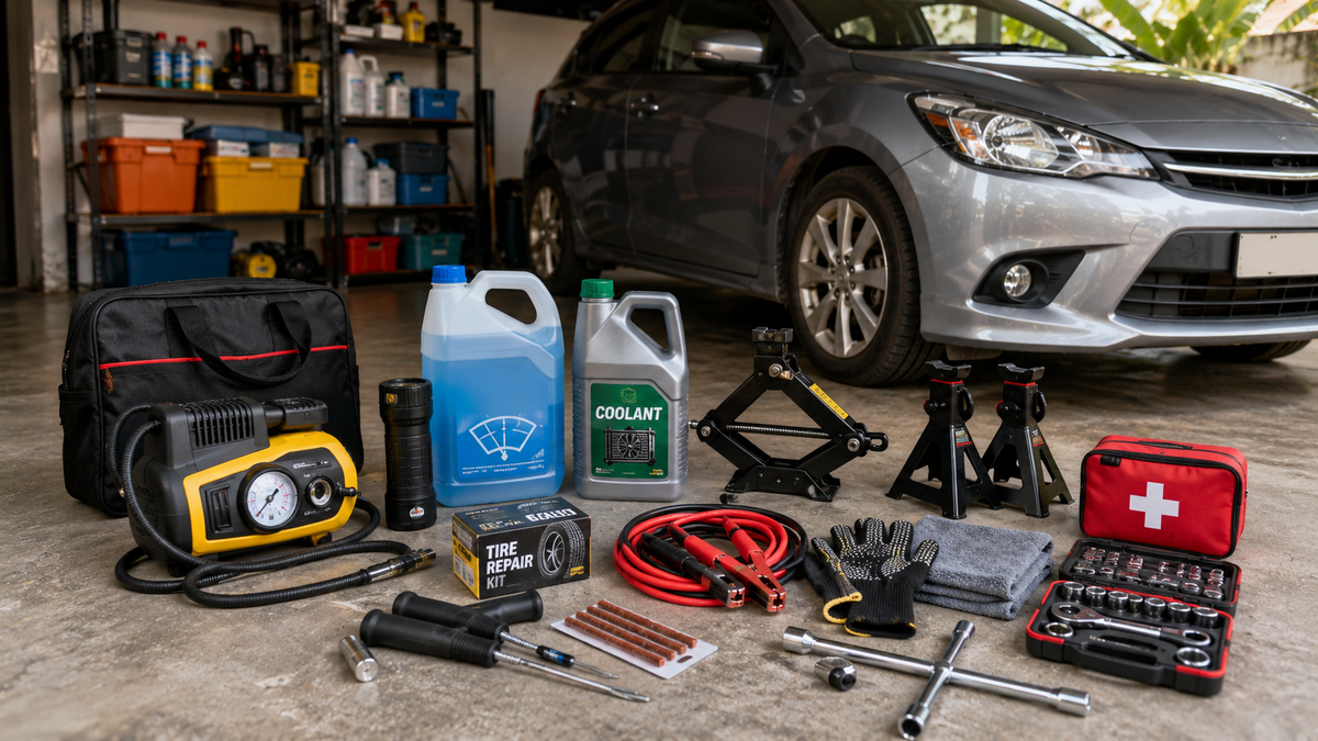 Organized home garage in Southeast Asia featuring essential vehicle maintenance tools including a portable tire inflator, hydraulic jack, tire repair kit, coolant, windshield washer fluid, microfiber towels, emergency flashlight, gloves