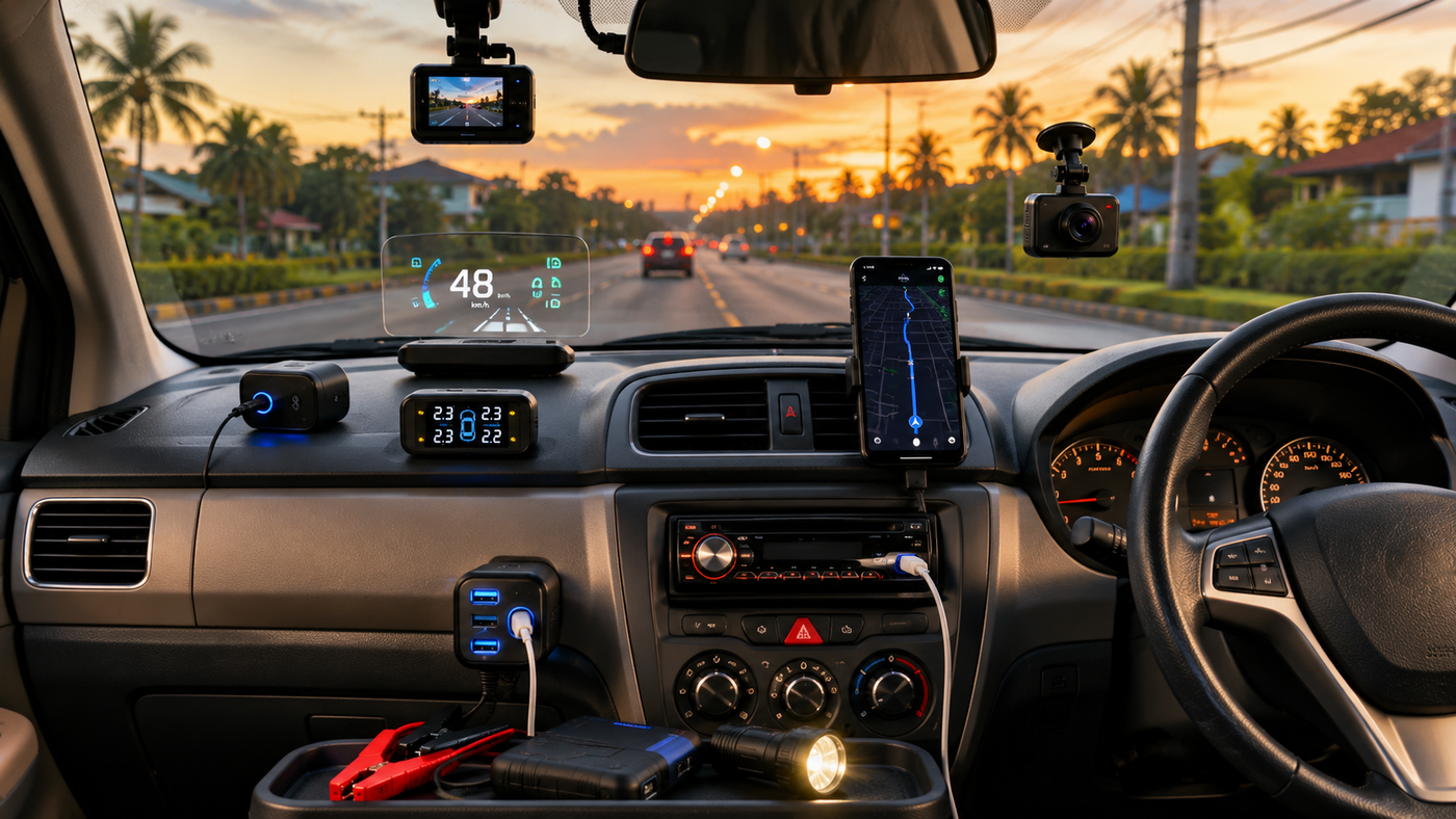 Interior of a well-maintained older family vehicle upgraded with modern accessories including a Bluetooth audio adapter, head-up display (HUD), dashboard camera, smartphone navigation mount, USB charging ports, and tire pressure monitoring display