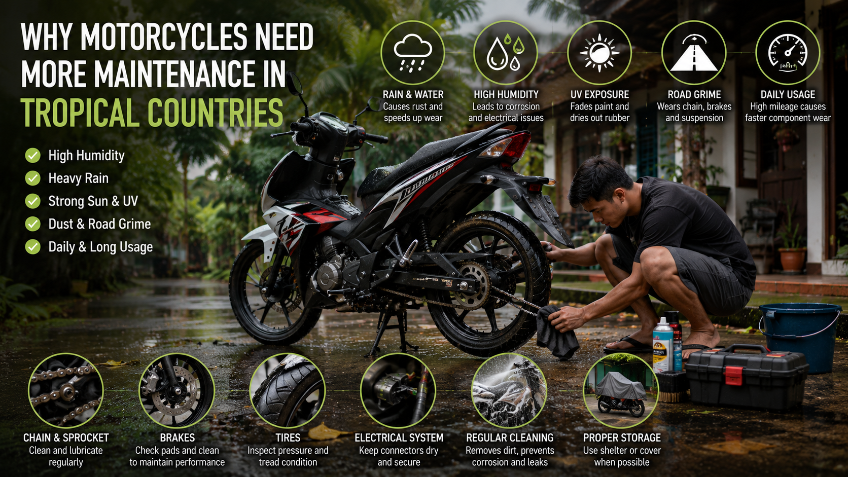 A well-maintained motorcycle parked outside a modest Southeast Asian home after light rain, showing clean tires, chain, and bodywork, with a tropical residential environment