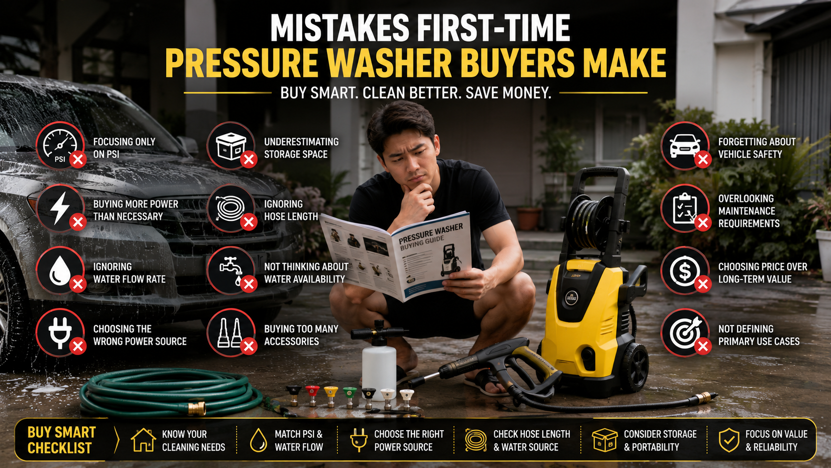 A homeowner in a Southeast Asian residential setting comparing pressure washer options in a clean garage or driveway, featuring a practical home cleaning setup with a pressure washer, garden hose