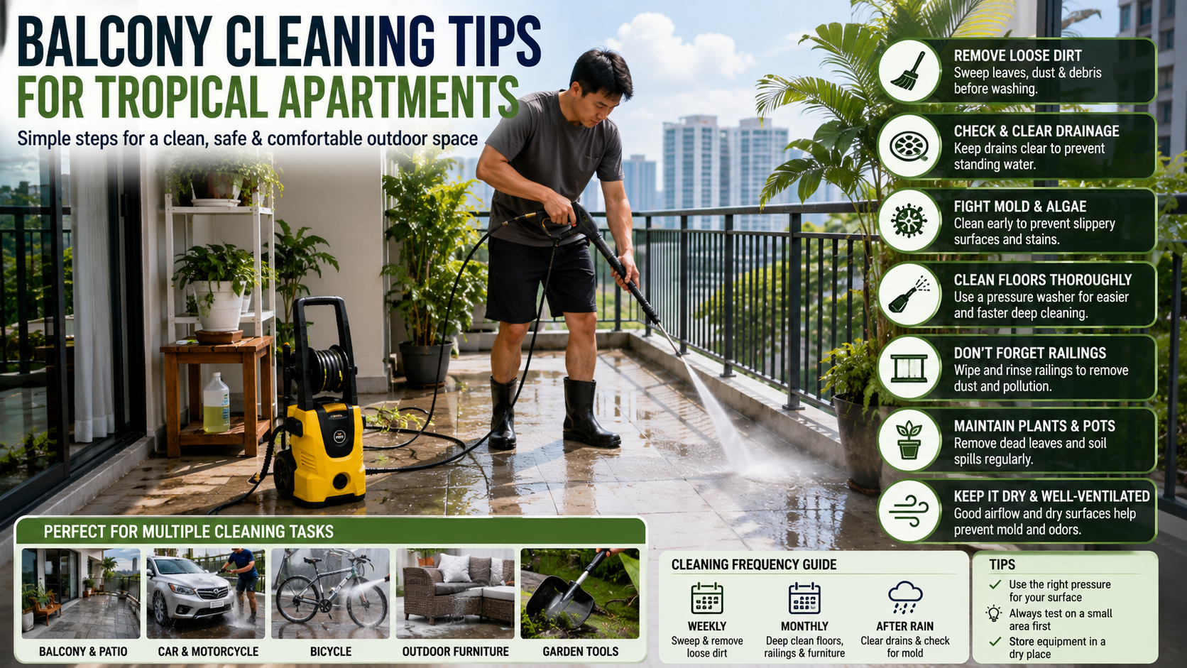 balcony cleaning tips, tropical apartment cleaning, balcony maintenance guide, humid climate cleaning, mold removal balcony, algae on balcony tiles, apartment outdoor cleaning, balcony drainage maintenance, pressure washer for balcony cleaning
