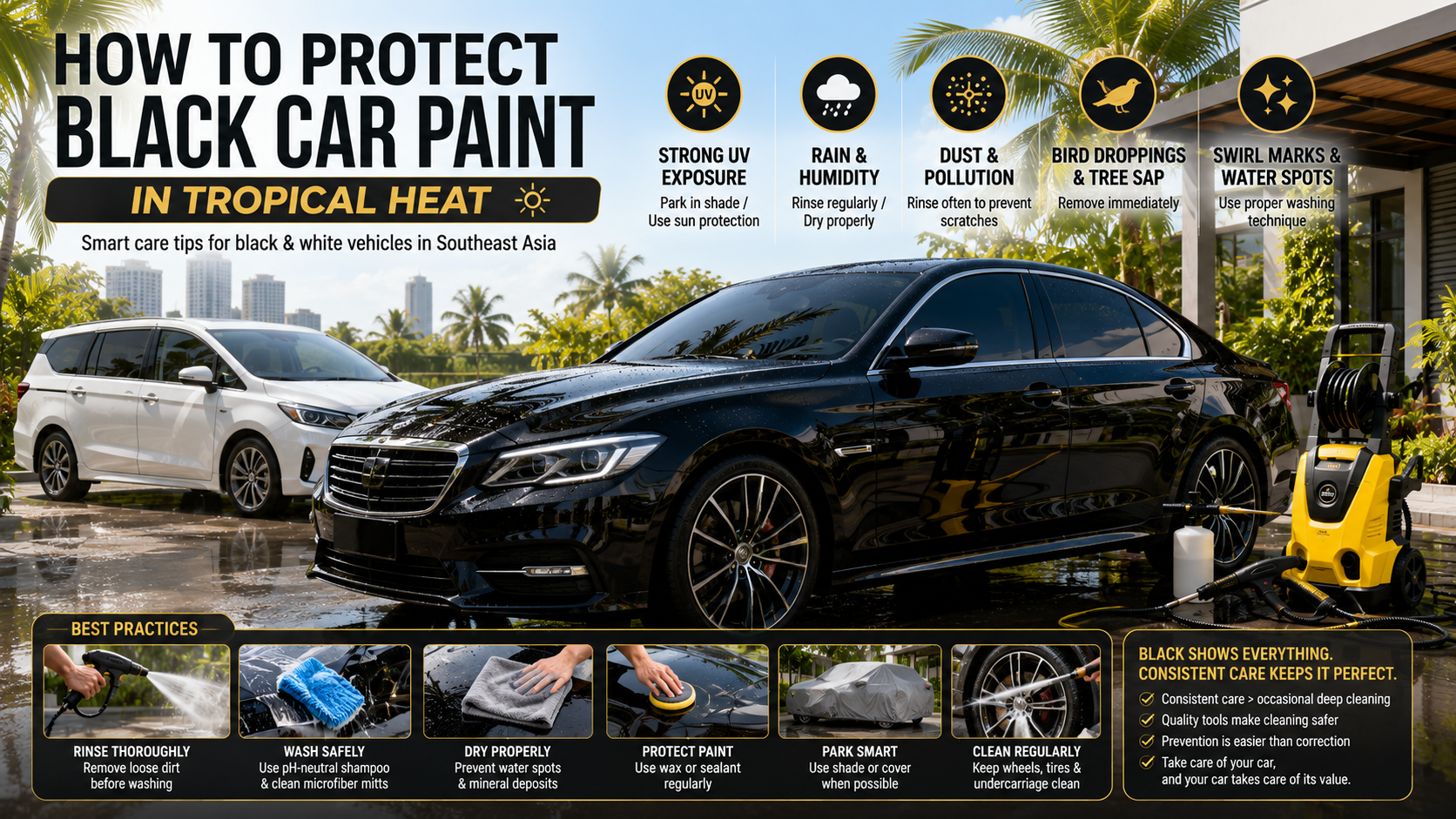 A well-maintained black sedan parked under soft tropical sunlight in a Southeast Asian residential setting, showcasing glossy paint reflections, clean bodywork, and careful vehicle maintenance.