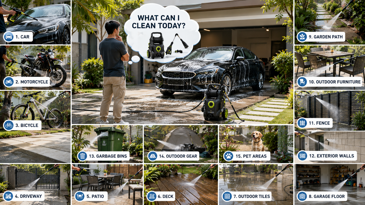 Pressure washer cleaning multiple household and outdoor surfaces including a car, driveway, patio, bicycle, fence, outdoor furniture, and garden path in a modern residential setting.