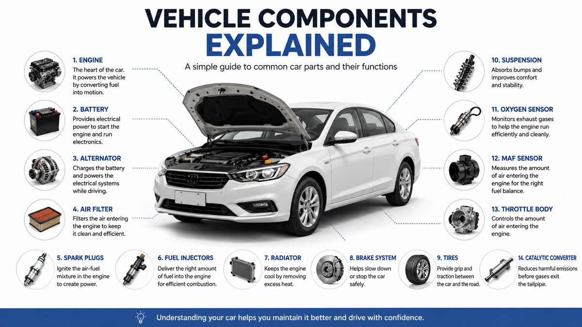 Illustrated overview of common vehicle components including the engine, battery, radiator, brakes, tires, air filter, spark plugs, sensors, and exhaust system in a modern passenger car.