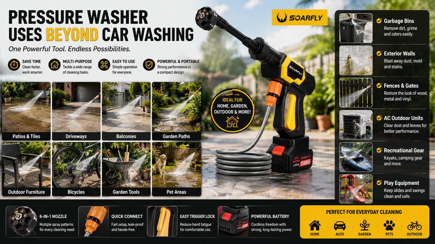 SOARFLY cordless pressure washer being used in a bright modern home with multiple outdoor cleaning applications, including a family car, tiled patio, apartment balcony, outdoor furniture