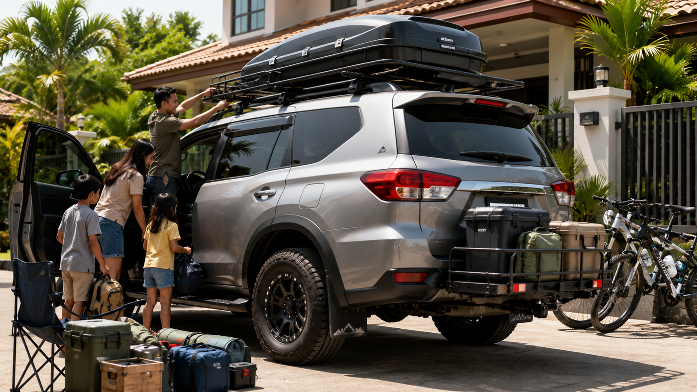 A practical midsize SUV parked outside a tropical family home in Southeast Asia, equipped with roof crossbars, a rooftop cargo box