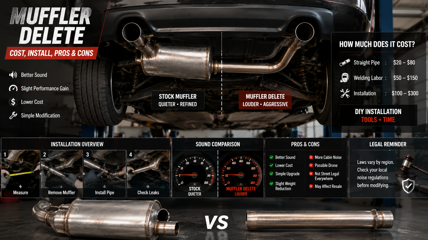 Professional automotive infographic comparing a factory muffler and a muffler delete installation on the underside of a modern passenger vehicle.