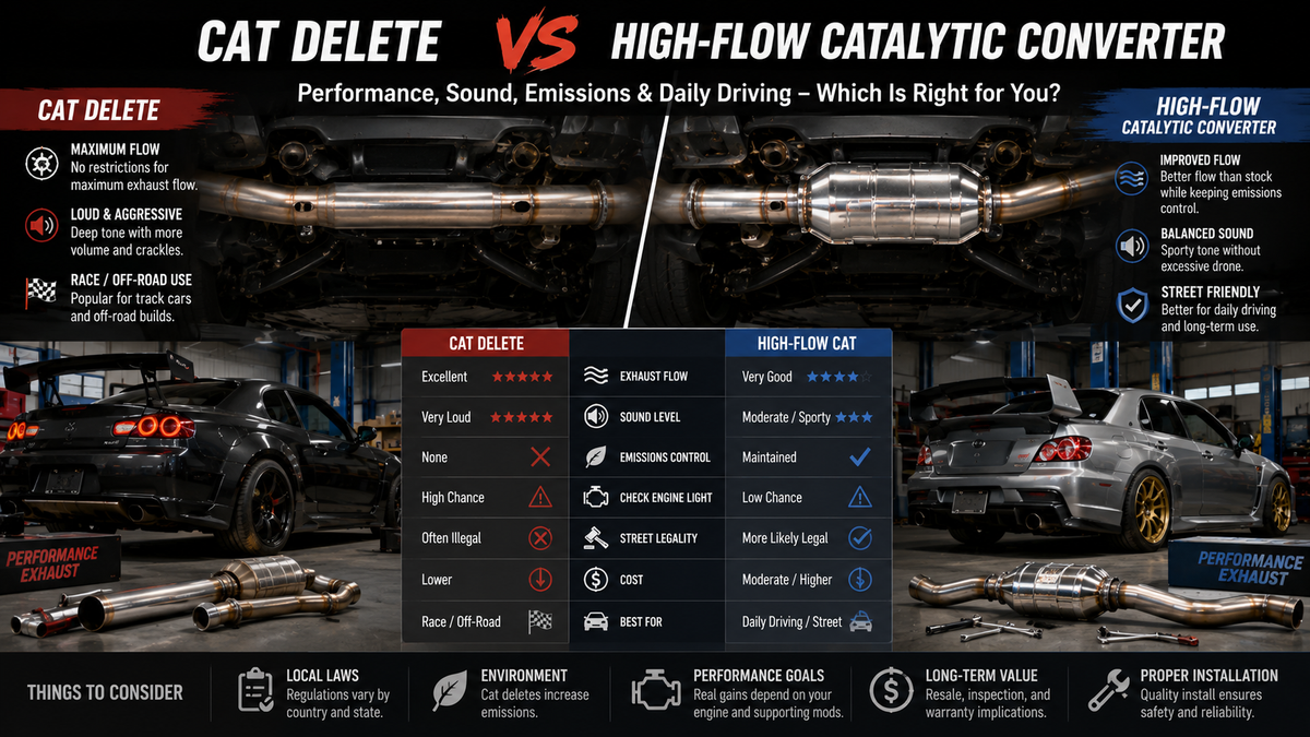 Comparison of a Cat Delete and a High-Flow Catalytic Converter installed on modified performance cars, highlighting exhaust design, performance, and daily driving applications.