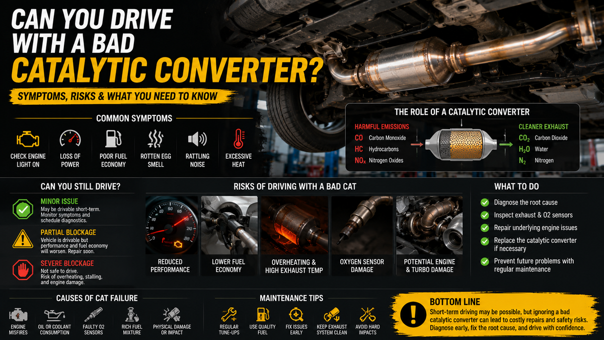 Infographic showing the symptoms, risks, and inspection process for driving with a bad catalytic converter, featuring a vehicle undercarriage, exhaust system, warning indicators, and maintenance guidance.
