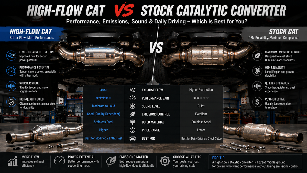 Comparison of a high-flow catalytic converter and a stock catalytic converter, highlighting exhaust design, performance differences, and everyday driving applications.