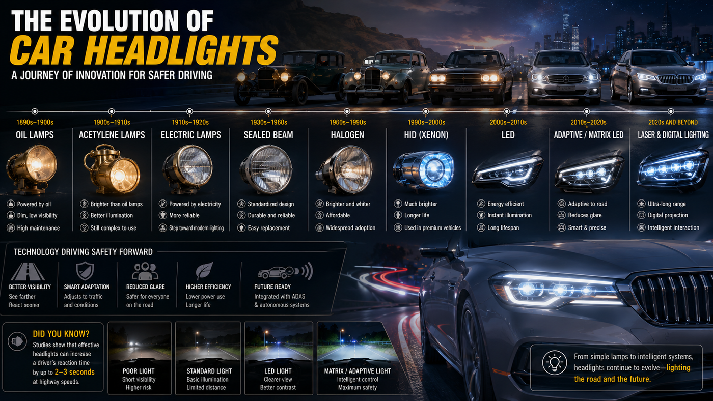 Timeline showing the evolution of car headlights from early oil lamps to halogen, HID, LED, Matrix LED, and modern intelligent automotive lighting systems.