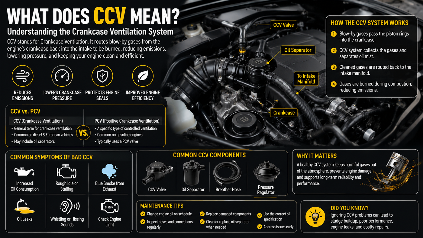 A professional automotive technician inspecting the crankcase ventilation (CCV) system on a modern gasoline engine inside a clean home garage workshop.