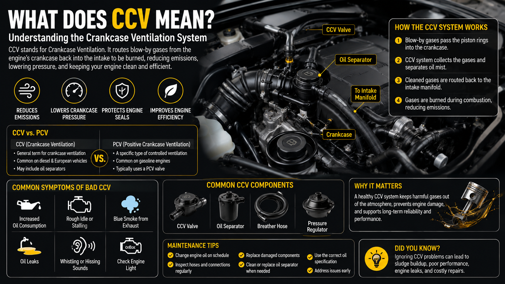 A professional automotive technician inspecting the crankcase ventilation (CCV) system on a modern gasoline engine inside a clean home garage workshop.