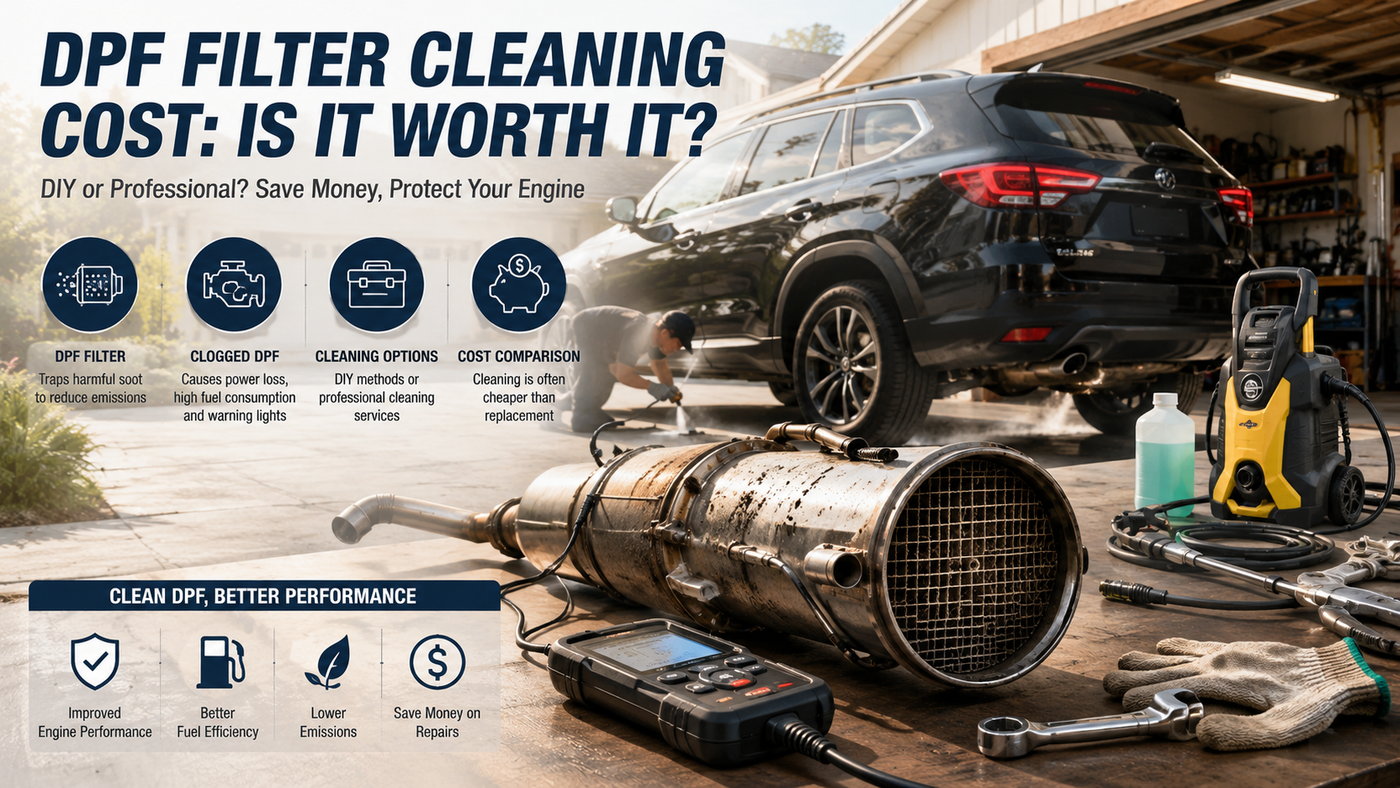 DIY diesel vehicle maintenance with a DPF filter inspection and underbody cleaning in a residential garage, highlighting preventive exhaust system care.