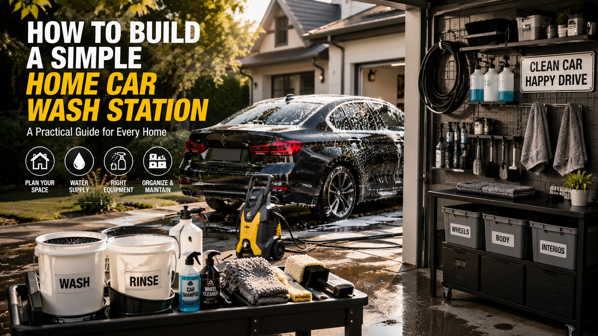 Organized home car wash station in a residential garage with essential car cleaning tools, storage, and a vehicle being washed on the driveway.