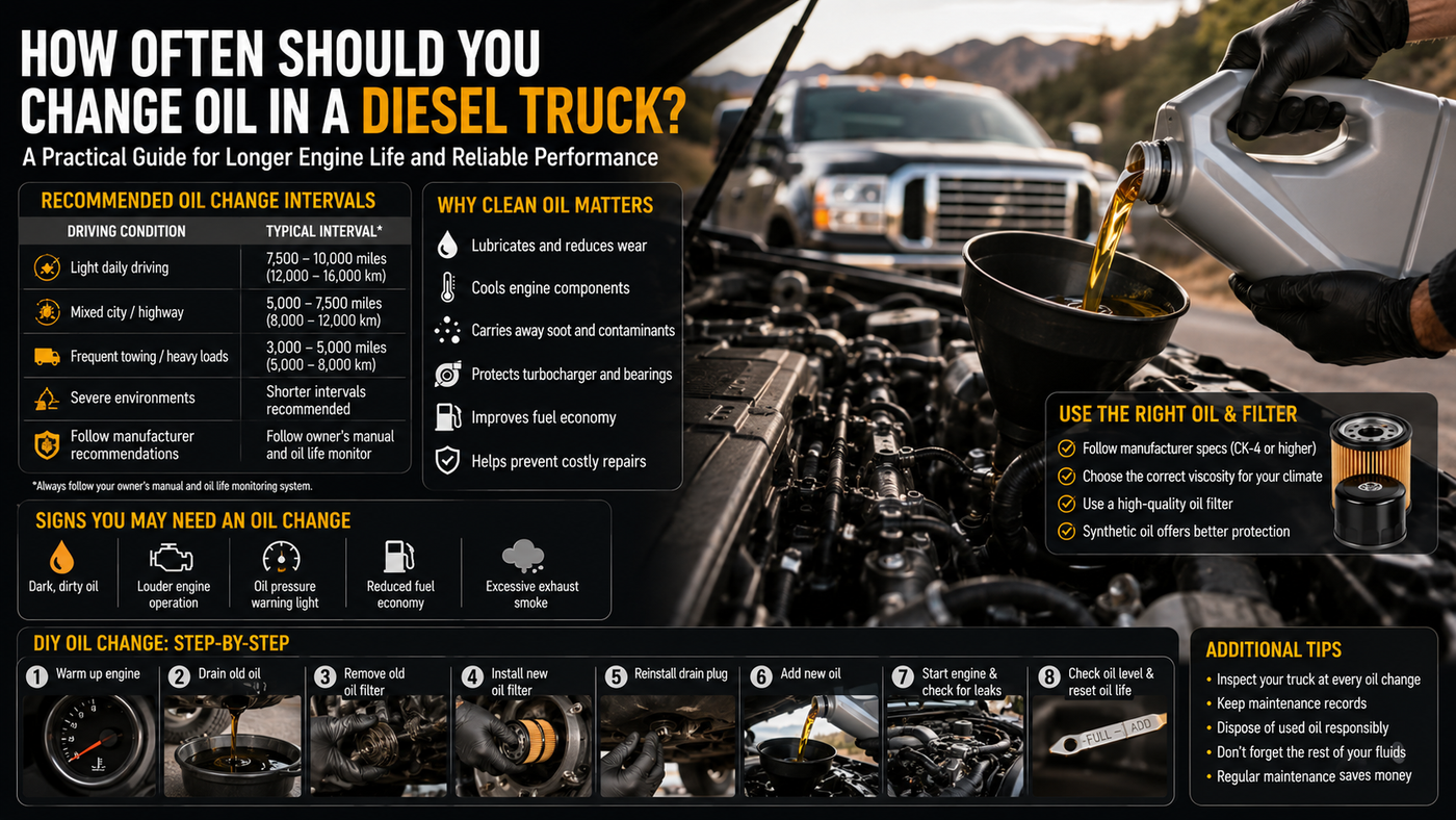 Infographic illustrating how often to change oil in a diesel truck, featuring a modern diesel pickup with its hood open, fresh engine oil being poured through a funnel