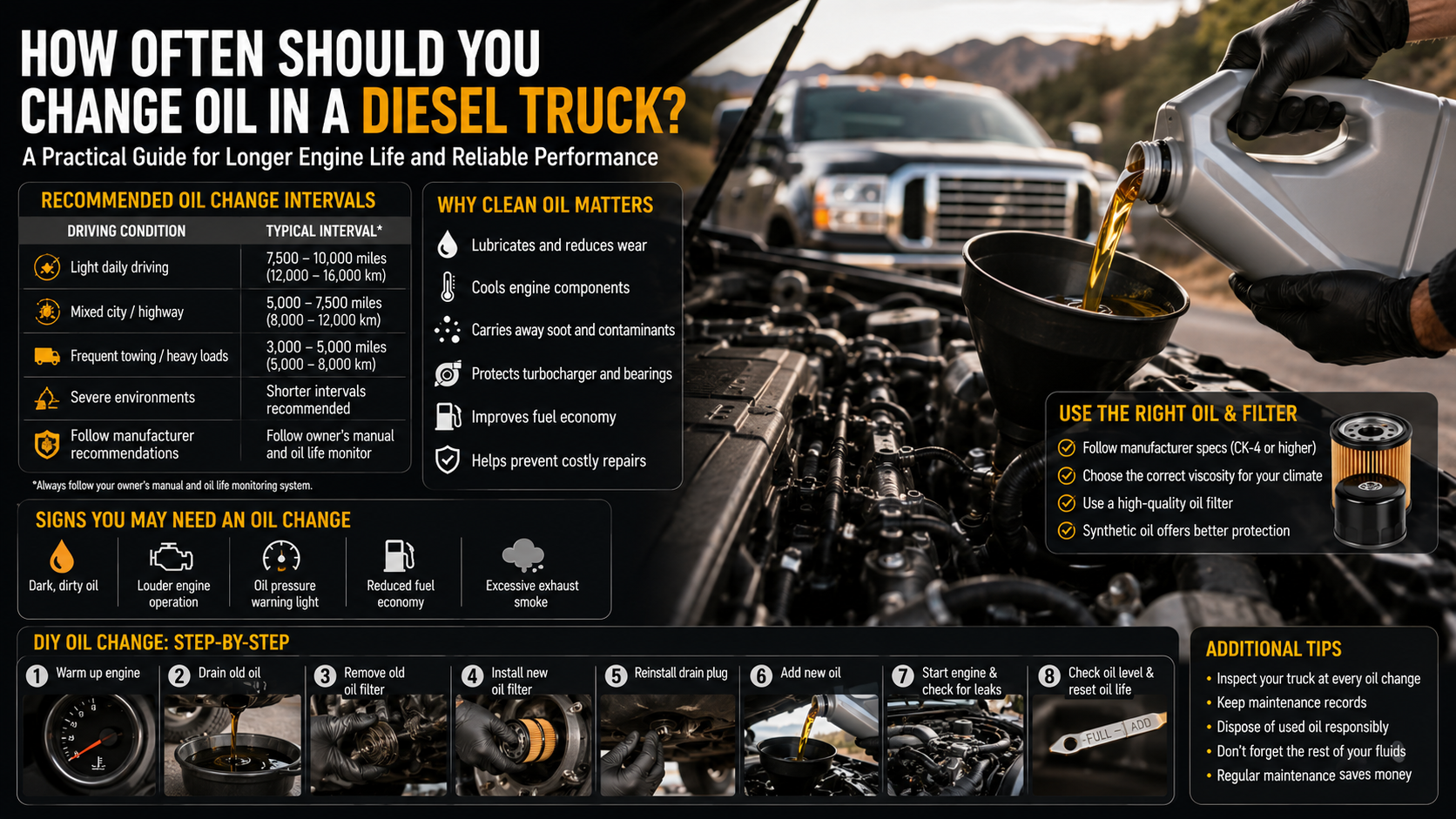 Infographic illustrating how often to change oil in a diesel truck, featuring a modern diesel pickup with its hood open, fresh engine oil being poured through a funnel