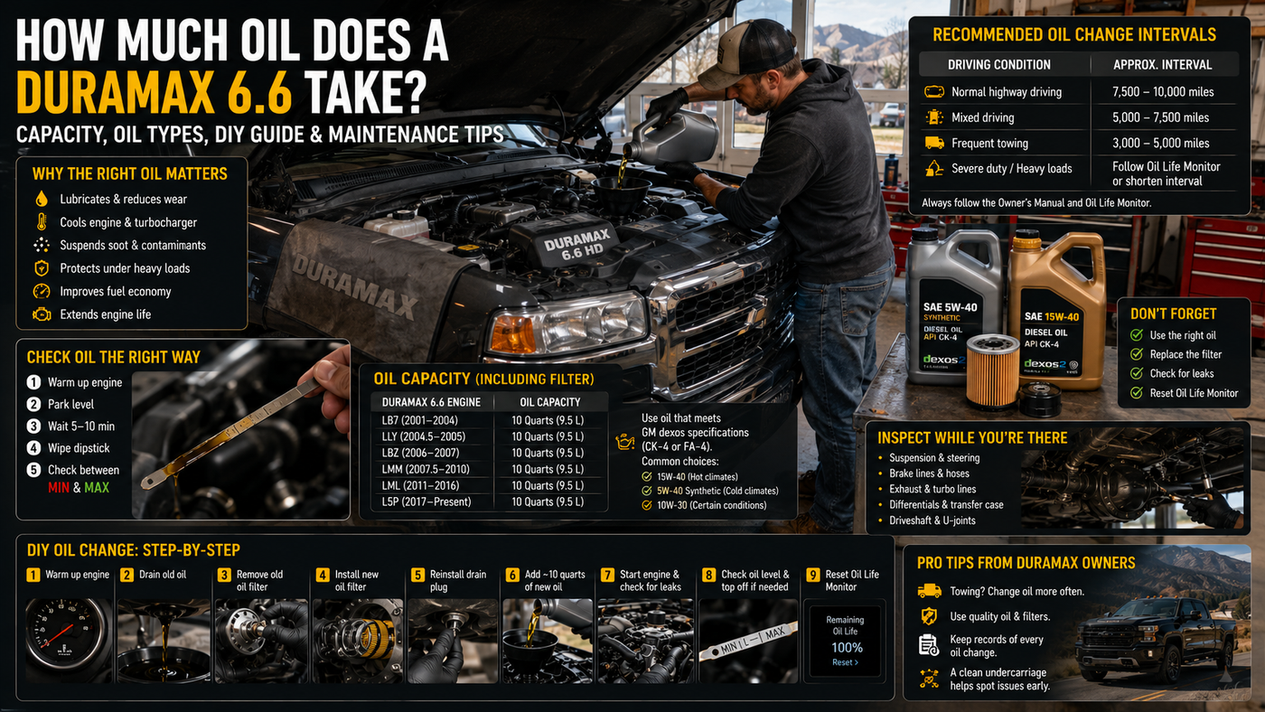 Wide infographic-style illustration showing a Chevrolet/GMC-style 6.6L Duramax diesel pickup parked in a clean residential garage while a vehicle owner performs a DIY engine oil change.