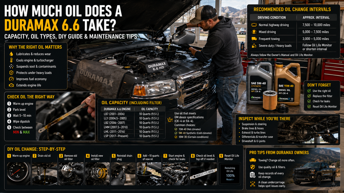 Wide infographic-style illustration showing a Chevrolet/GMC-style 6.6L Duramax diesel pickup parked in a clean residential garage while a vehicle owner performs a DIY engine oil change.