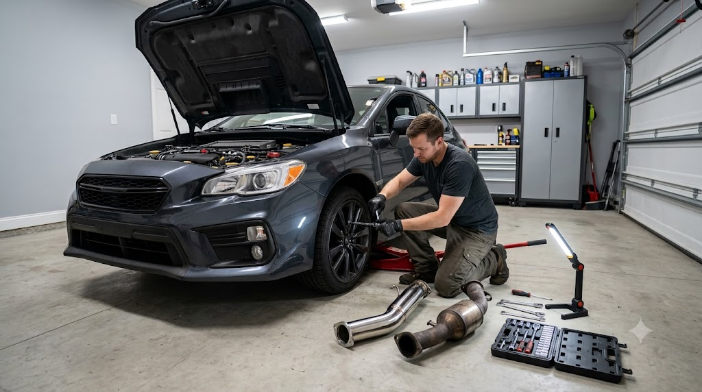 A modern turbocharged sports sedan parked in a clean residential garage with the hood open while a DIY car enthusiast inspects and upgrades the exhaust system.